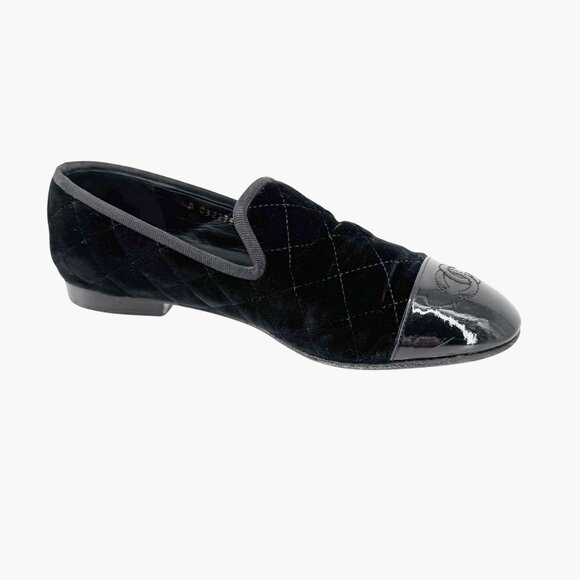 Chanel CC Cap Toe Quilted Loafers Size 37.5 US 6.5-7 Black Velvet Flat Slipper - Picture 10 of 14